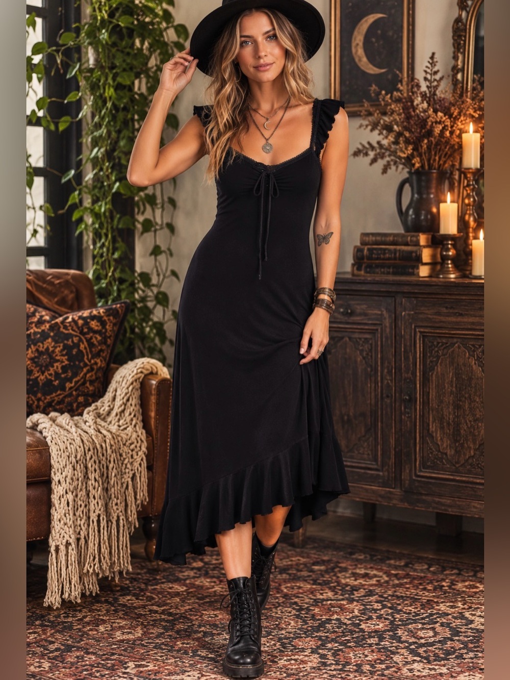 Zoom Black Ruffle Hem Slip Dress Size S Whimsigoth Fairy Grunge Goth Cottagecore